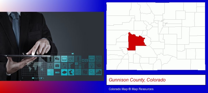 information technology concepts; Gunnison County, Colorado highlighted in red on a map