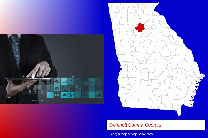 information technology concepts; Gwinnett County, Georgia highlighted in red on a map