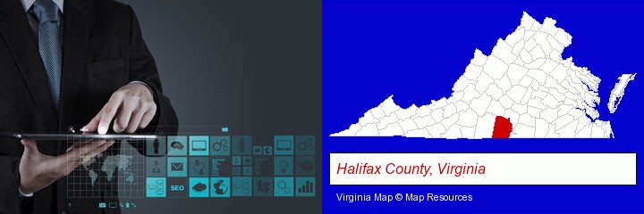 information technology concepts; Halifax County, Virginia highlighted in red on a map