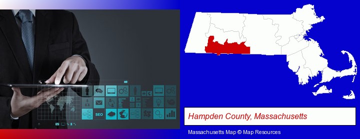 information technology concepts; Hampden County, Massachusetts highlighted in red on a map