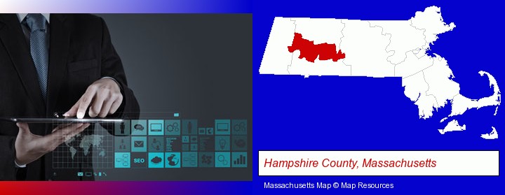 information technology concepts; Hampshire County, Massachusetts highlighted in red on a map