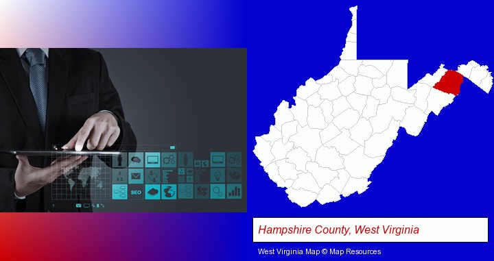 information technology concepts; Hampshire County, West Virginia highlighted in red on a map
