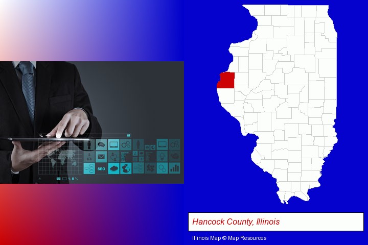 information technology concepts; Hancock County, Illinois highlighted in red on a map