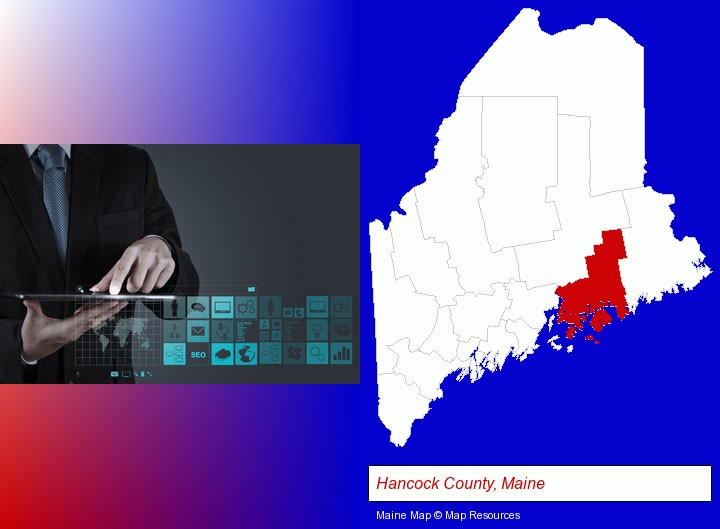information technology concepts; Hancock County, Maine highlighted in red on a map