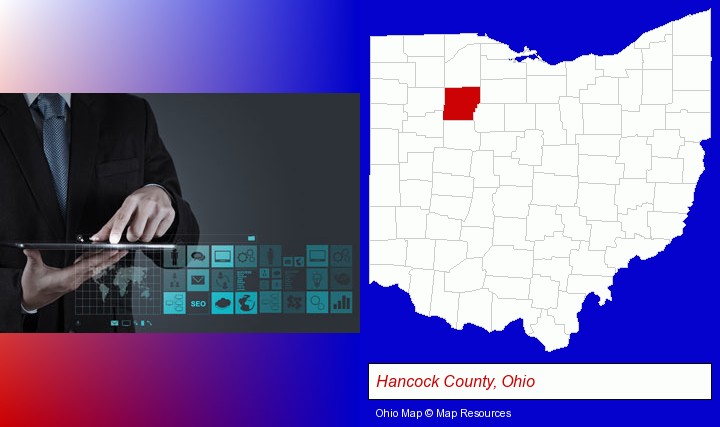 information technology concepts; Hancock County, Ohio highlighted in red on a map