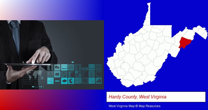 information technology concepts; Hardy County, West Virginia highlighted in red on a map