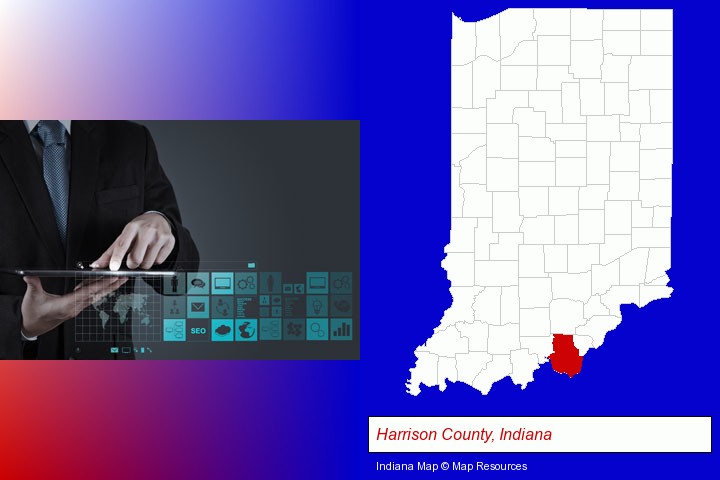 information technology concepts; Harrison County, Indiana highlighted in red on a map