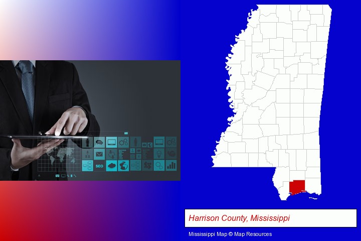 information technology concepts; Harrison County, Mississippi highlighted in red on a map