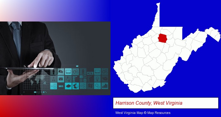 information technology concepts; Harrison County, West Virginia highlighted in red on a map
