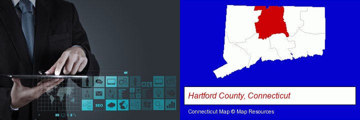 information technology concepts; Hartford County, Connecticut highlighted in red on a map