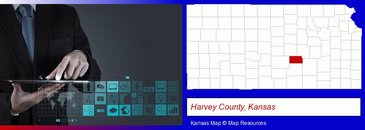 information technology concepts; Harvey County, Kansas highlighted in red on a map