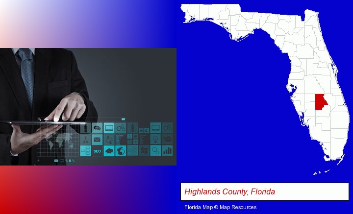 information technology concepts; Highlands County, Florida highlighted in red on a map