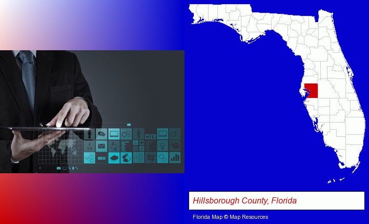 information technology concepts; Hillsborough County, Florida highlighted in red on a map