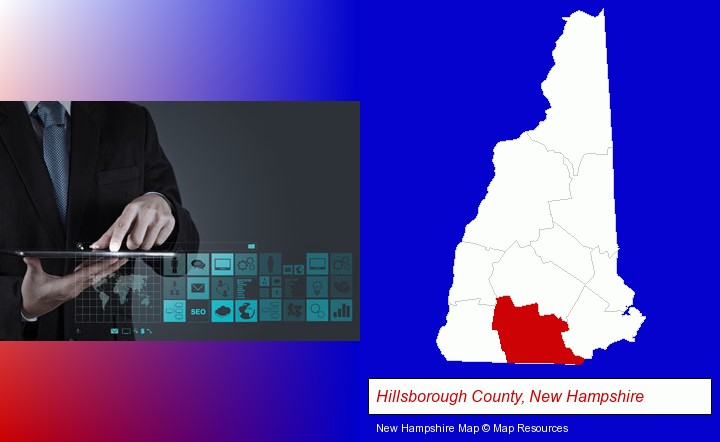 information technology concepts; Hillsborough County, New Hampshire highlighted in red on a map
