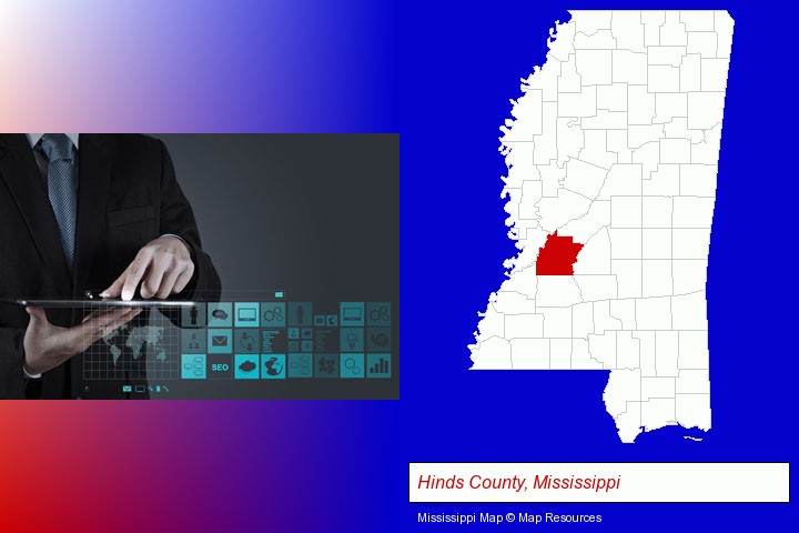information technology concepts; Hinds County, Mississippi highlighted in red on a map