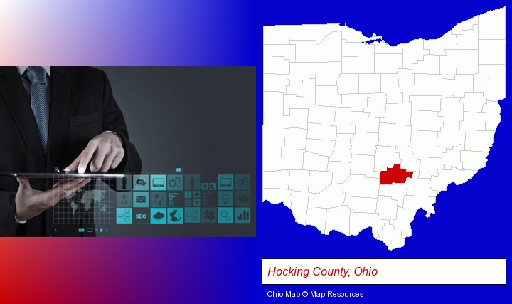 information technology concepts; Hocking County, Ohio highlighted in red on a map