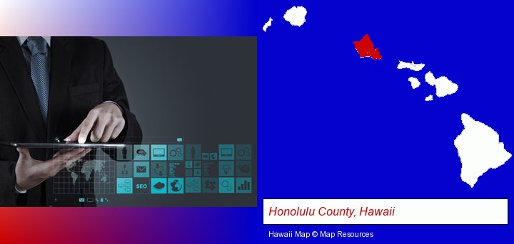 information technology concepts; Honolulu County, Hawaii highlighted in red on a map
