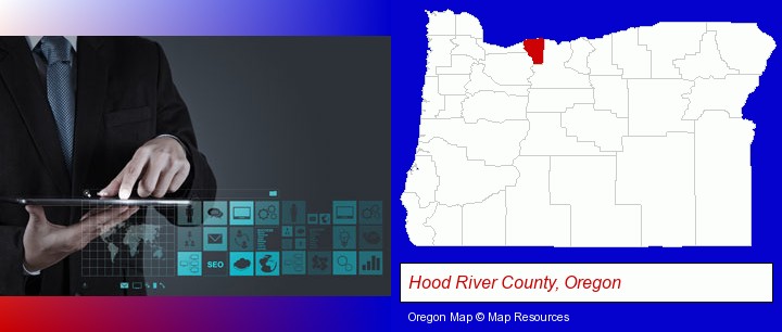 information technology concepts; Hood River County, Oregon highlighted in red on a map