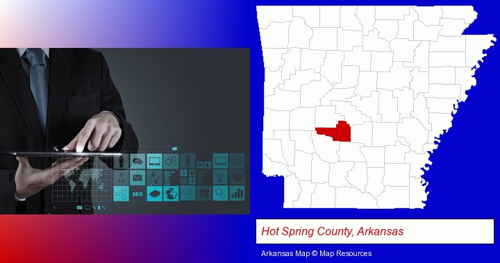 information technology concepts; Hot Spring County, Arkansas highlighted in red on a map