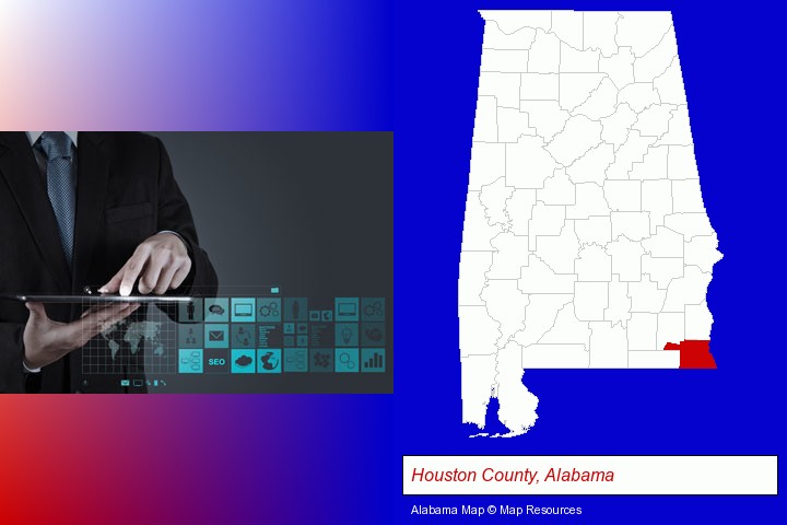 information technology concepts; Houston County, Alabama highlighted in red on a map