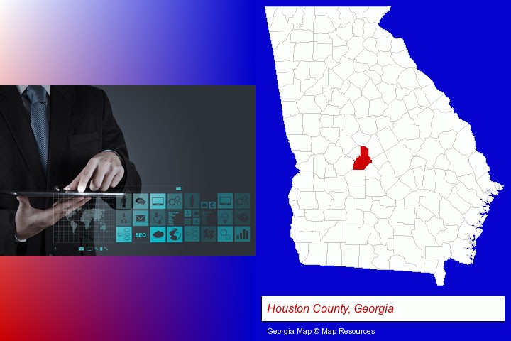 information technology concepts; Houston County, Georgia highlighted in red on a map