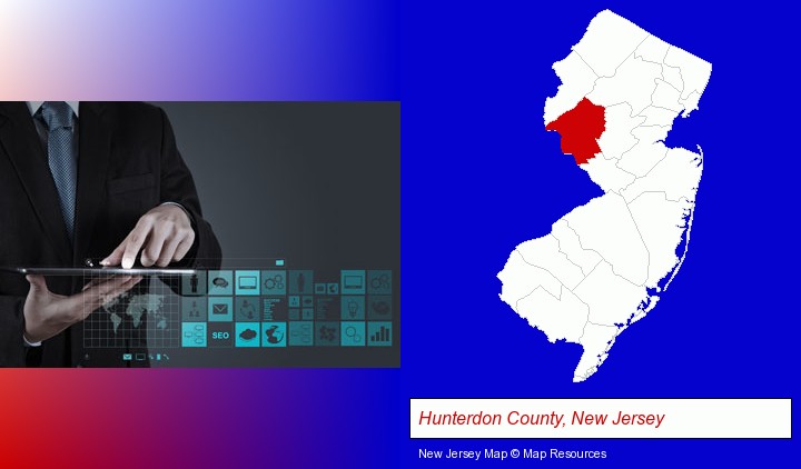 information technology concepts; Hunterdon County, New Jersey highlighted in red on a map