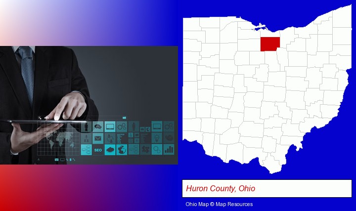 information technology concepts; Huron County, Ohio highlighted in red on a map
