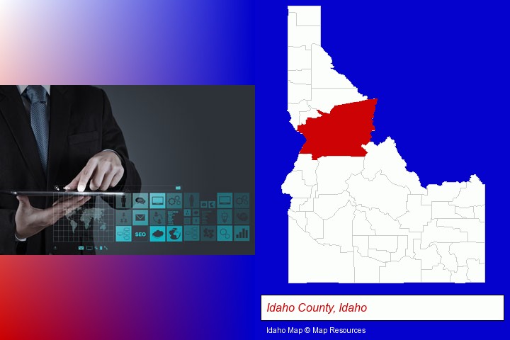 information technology concepts; Idaho County, Idaho highlighted in red on a map