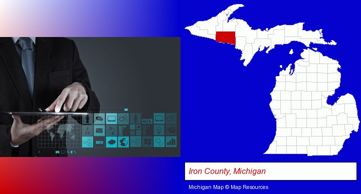 information technology concepts; Iron County, Michigan highlighted in red on a map