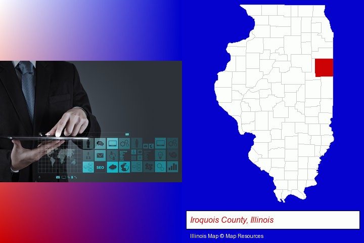 information technology concepts; Iroquois County, Illinois highlighted in red on a map