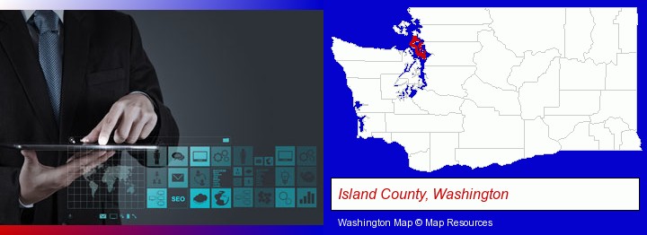 information technology concepts; Island County, Washington highlighted in red on a map