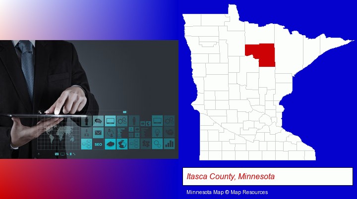 information technology concepts; Itasca County, Minnesota highlighted in red on a map
