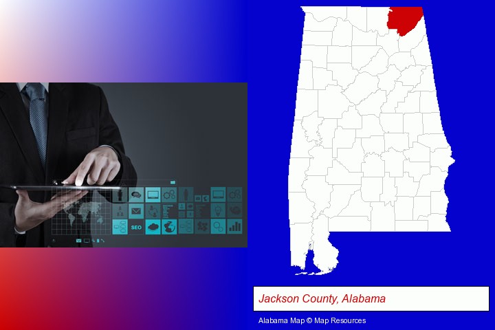 information technology concepts; Jackson County, Alabama highlighted in red on a map