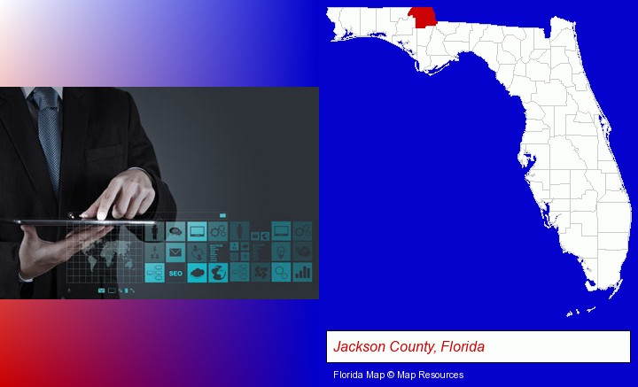 information technology concepts; Jackson County, Florida highlighted in red on a map