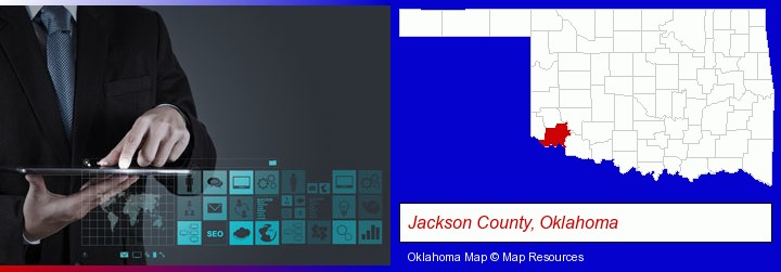 information technology concepts; Jackson County, Oklahoma highlighted in red on a map