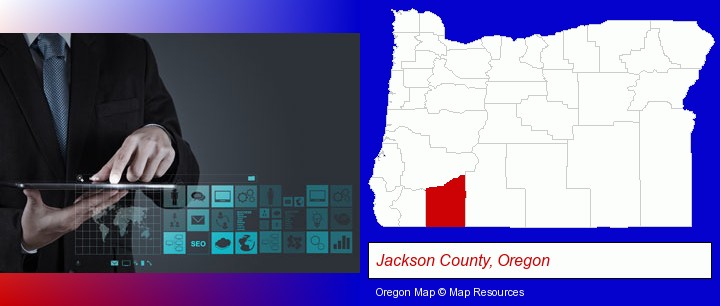 information technology concepts; Jackson County, Oregon highlighted in red on a map