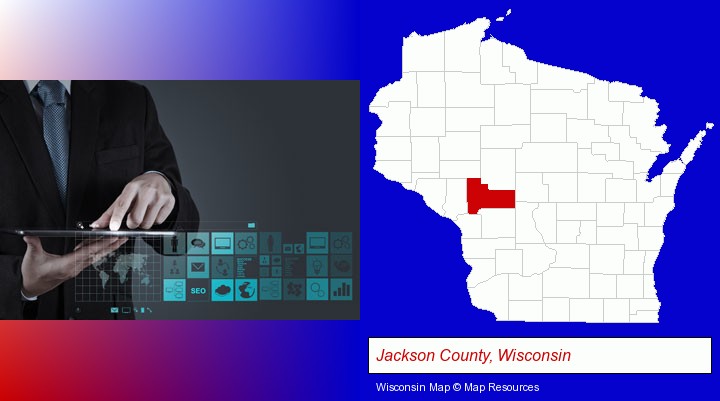 information technology concepts; Jackson County, Wisconsin highlighted in red on a map
