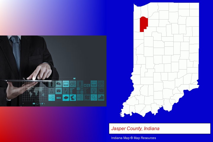 information technology concepts; Jasper County, Indiana highlighted in red on a map