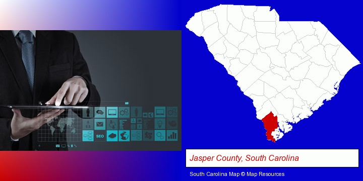 information technology concepts; Jasper County, South Carolina highlighted in red on a map