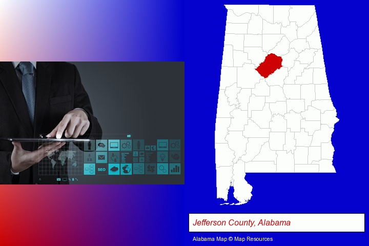 information technology concepts; Jefferson County, Alabama highlighted in red on a map