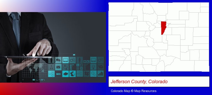 information technology concepts; Jefferson County, Colorado highlighted in red on a map