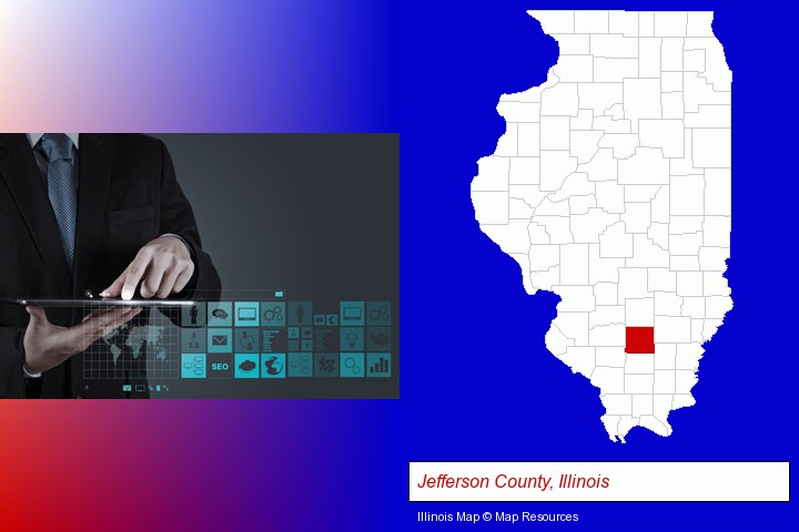 information technology concepts; Jefferson County, Illinois highlighted in red on a map