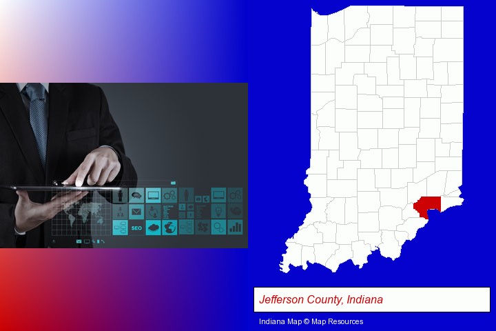 information technology concepts; Jefferson County, Indiana highlighted in red on a map