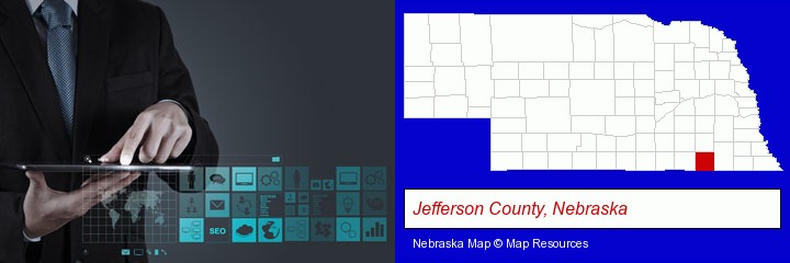 information technology concepts; Jefferson County, Nebraska highlighted in red on a map