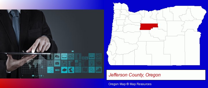 information technology concepts; Jefferson County, Oregon highlighted in red on a map