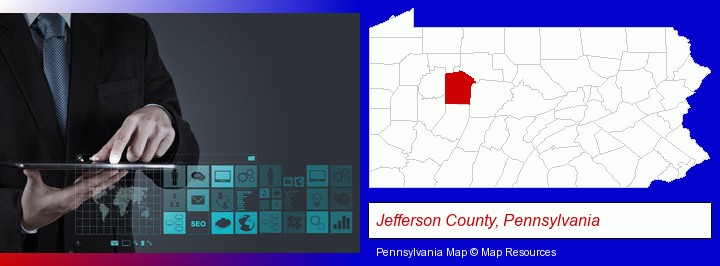 information technology concepts; Jefferson County, Pennsylvania highlighted in red on a map