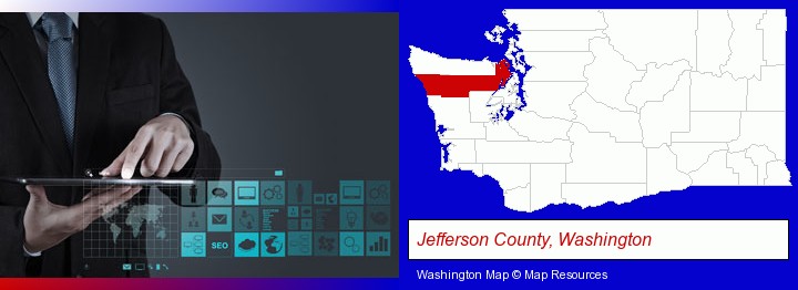 information technology concepts; Jefferson County, Washington highlighted in red on a map