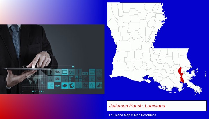 information technology concepts; Jefferson Parish, Louisiana highlighted in red on a map