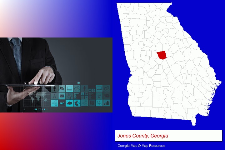 information technology concepts; Jones County, Georgia highlighted in red on a map