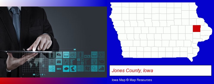 information technology concepts; Jones County, Iowa highlighted in red on a map